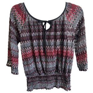 Cato Women's Long Sleeve Ripple Blouse w/ Tie Keyhole Neckline, Small